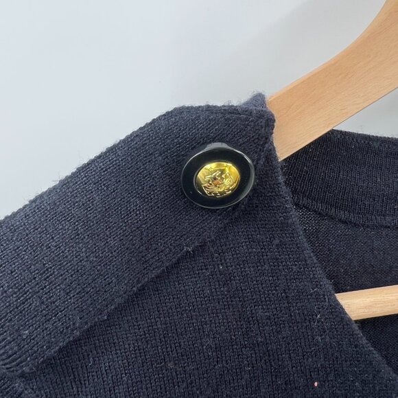 Tory Burch dark navy blue 100% merino wool sweater blouse half sleeve gold top L - Picture 5 of 13